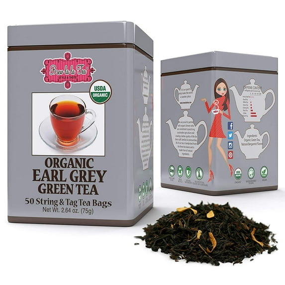 Brew La La Organic Earl Grey Green Tea - 50 Tea Bag Tin - Low Caffeine - USDA Certified Organic