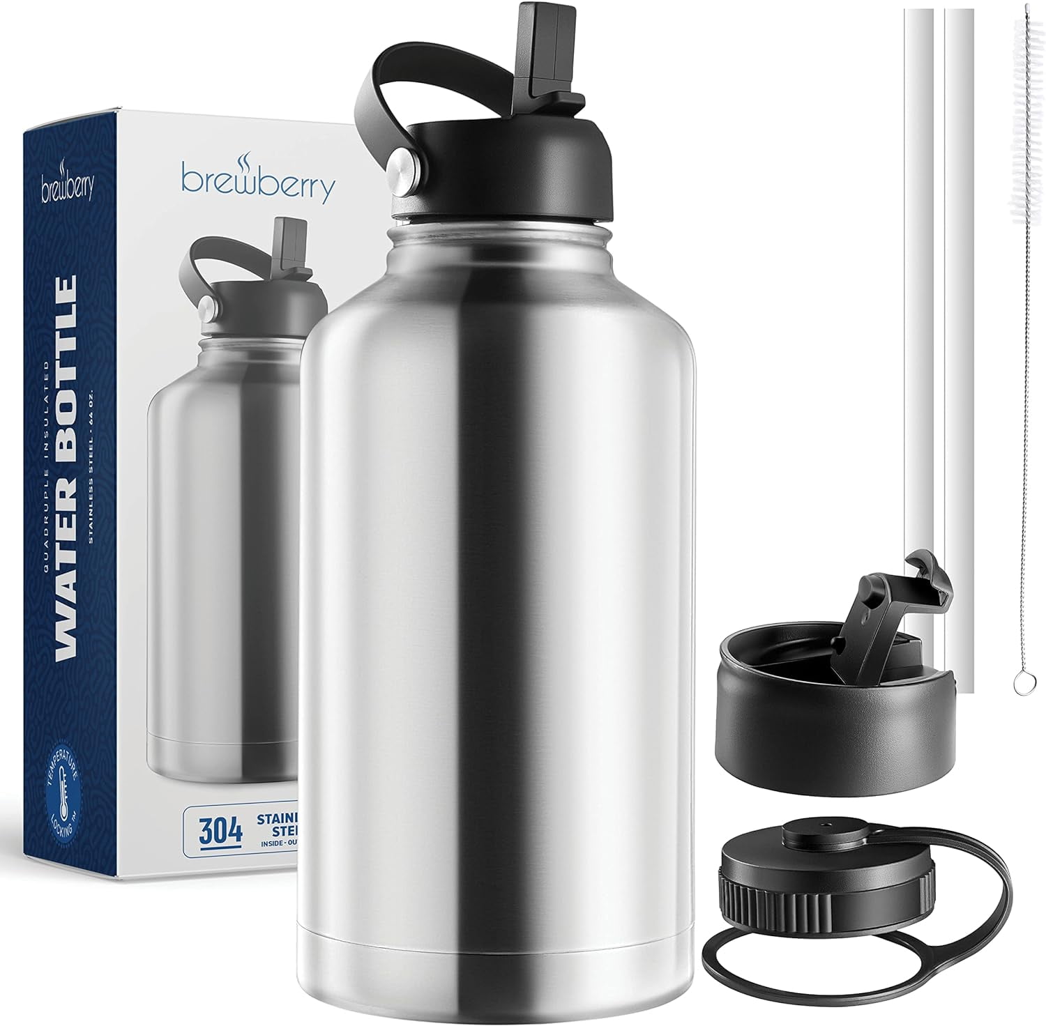 Brewberry Stainless Steel Sports Bottle and Travel Mug for Hot and Cold Beverages, Wide Mouth, Double Wall Insulated Hydration Sports Water Bottle for Hiking, Biking, and Activities, 64 oz BPA Free