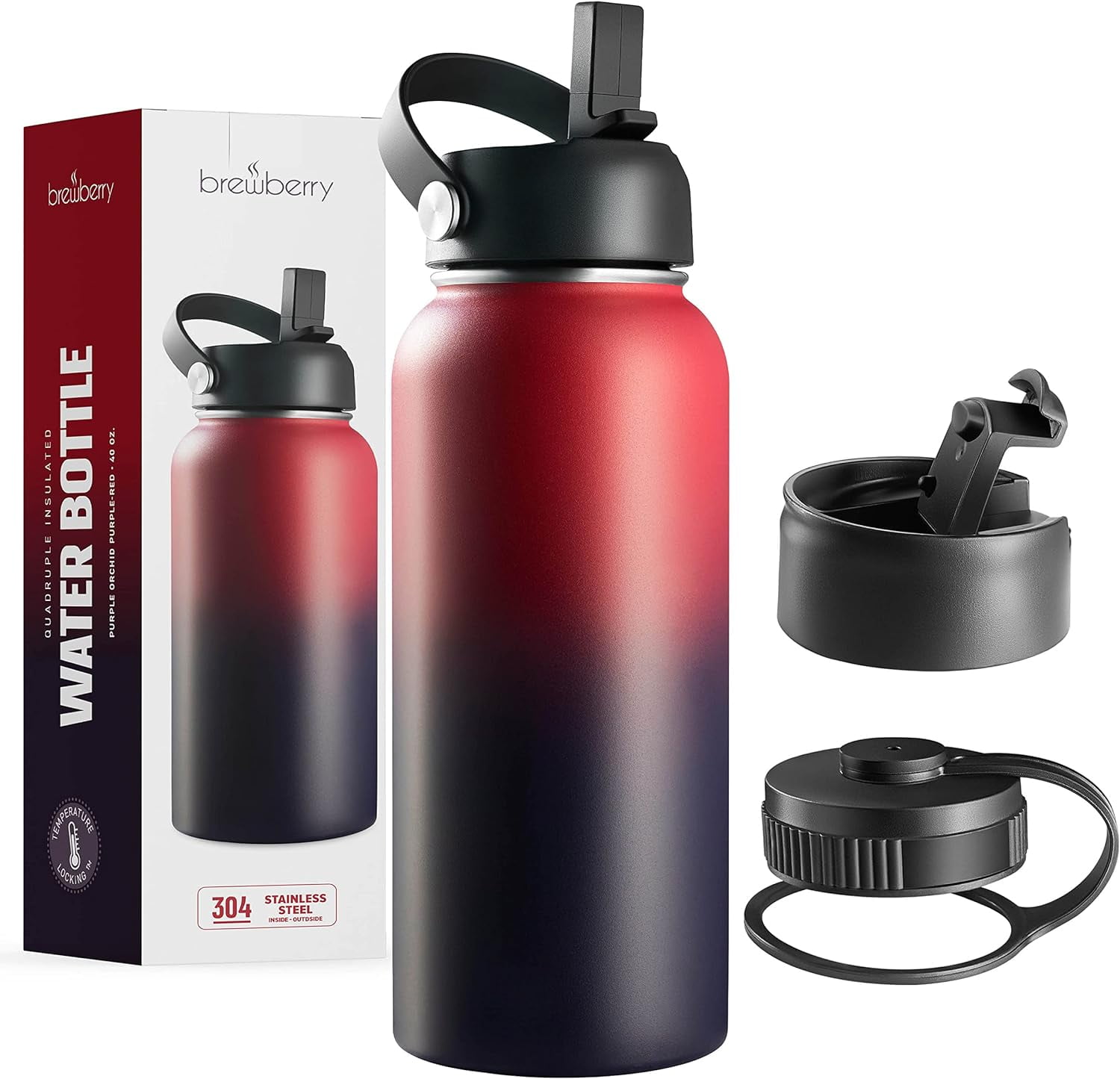 Brewberry Stainless Steel Sports Bottle and Travel Mug for Hot and Cold Beverages, Wide Mouth, Double Wall Insulated Hydration Sports Water Bottle for Hiking, Biking, and Activities, 40 OZ BPA Free
