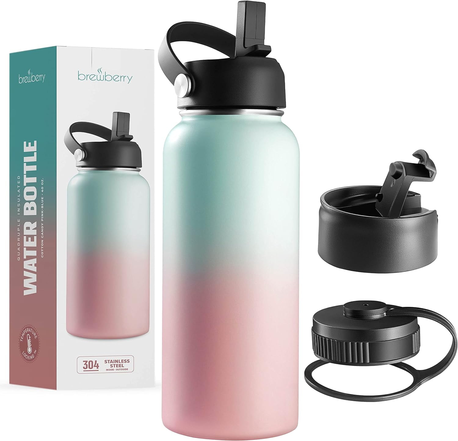 Brewberry Stainless Steel Sports Bottle and Travel Mug for Hot and Cold Beverages, Wide Mouth, Double Wall Insulated Hydration Sports Water Bottle for Hiking, Biking, and Activities, 40 OZ BPA Free