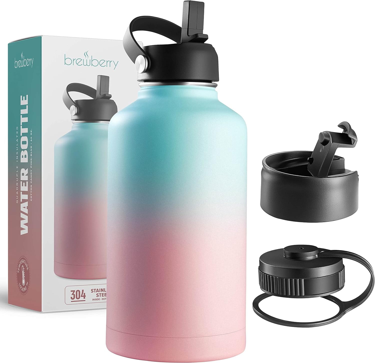 Brewberry Stainless Steel Sports Bottle and Travel Mug for Hot and Cold Beverages, Wide Mouth, Double Wall Insulated Hydration Sports Water Bottle for Hiking, Biking, and Activities, 64 OZ BPA Free