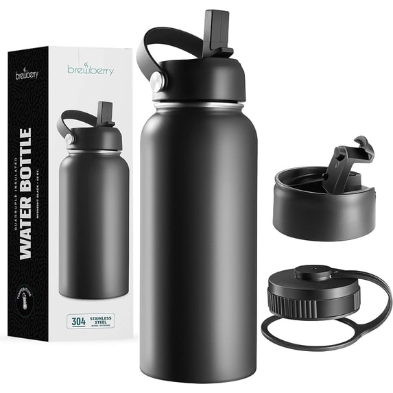 Brewberry Stainless Steel Sports Bottle and Travel Mug for Hot and Cold Beverages, Wide Mouth, Double Wall Insulated Hydration Sports Water Bottle for Hiking, Biking, and Activities, 40 oz BPA Free