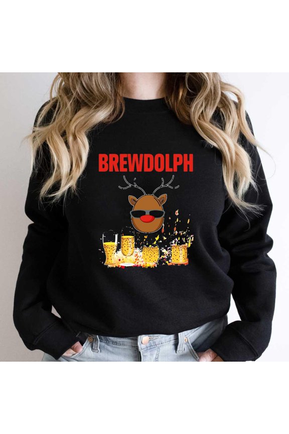 Brewdolph Funny Christmas Holiday Beer Reindeer Pun Graphic SW4190 Unisex Sweatshirt, Up to Size 5XL