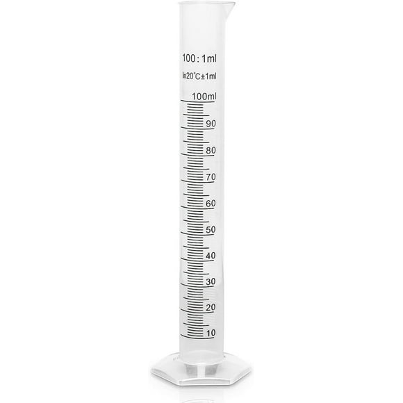 Brewing America 100ml Plastic Graduated Cylinder Beaker - 100ml Science Measuring Test Tube Flask, 2-sided Marking - Black and Raised Graduation Lines, Pour Spout