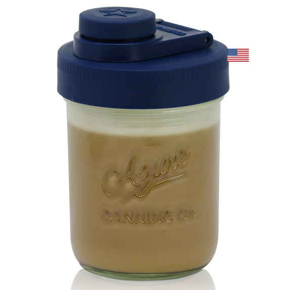 Brewing America Creamer Jar with Pouring Lid, 1 Pint (16 oz) with Blue Wide Mouth Azure Mason Jar Pour Lid, for Milk, Sugar, and Cream, 1-Pack (Old Glory Blue)