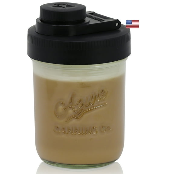 Brewing America Creamer Jar with Pouring Lid, 1 Pint (16 oz) Wide Mouth Ball Mason Jar with Black Pour Lid, for Milk, Sugar, and Cream, 1-Pack (Black)