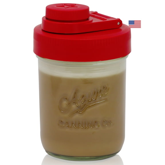 Brewing America Creamer Jar with Pouring Lid, 1 Pint (16 oz) Wide Mouth Ball Mason Jar with Red Pour Lid, for Milk, Sugar, and Cream, 1-Pack (Old Glory Red)