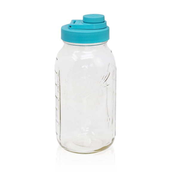 Brewing America Glass Mason Jar Pitcher with Lid - Ball Jars, 2 Quart (64 oz) with Wide Mouth Mason Jar Pour Lid, for Smoothie, Boba Cup, Sun Tea Jar, Cold Coffee Glass Tumbler, Teal