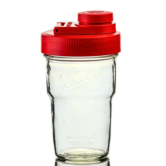 Brewing America Travel Cup with Pouring Lid, 1 Pint (16 oz) Nesting Jar with Red Wide Mouth Ball Mason Jar Pour Lid, for Your Favorite To Go Drink, 1-Pack