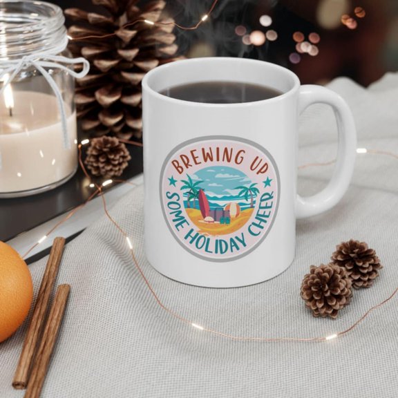 Brewing Up day Cheer Coffee Mug, Beach Cistmas Ceramic Cup.