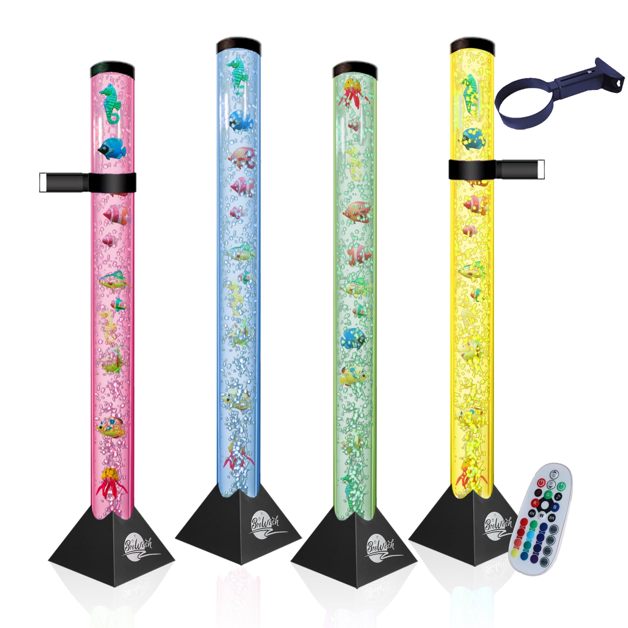 Brewish 4FT Bubble Tube Lamp with Replaceable Pump | 16 LED Color Changing Fake Aquarium Night Light with Remote & 12 Fish, No-Glue Design, Home Decor, Ideal Gifts, Sensory Lights for Autism & ADHD