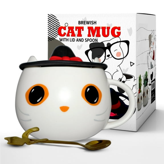 Brewish Cat Mug for Kitty Lovers, Cute Cup with a Witch Hat Lid & Spoon, Ceramic Coffee & Tea Mugs, Gift for Cat Mom, Dad, Kids - 12 oz, White