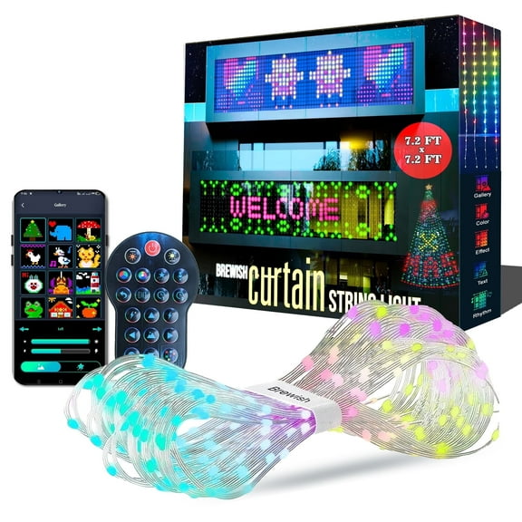 Brewish 400 LED Curtain Lights, 7.2 x 7.2 ft Programmable DIY Christmas Party String Light, Color Changing Music Sync Text, Cartoon Display Options, Remote & App Controlled, IP65 Waterproof