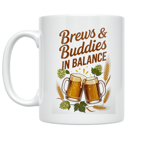 Brews & Buddies in Balance - Home Brewing Enthusiast - 11 oz Ceramic Coffee Mug