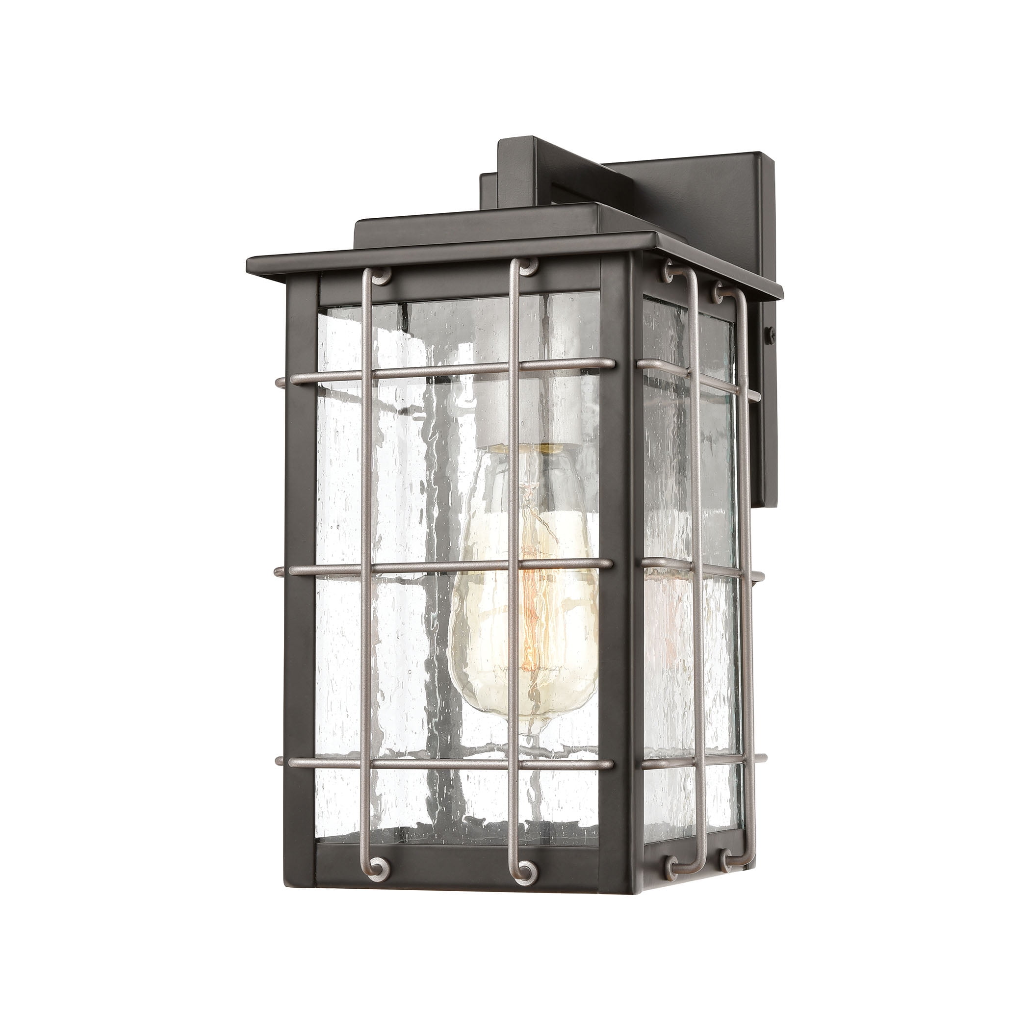 Matte Black and Weathered Zinc Outdoor Wall Sconce with Seedy Glass