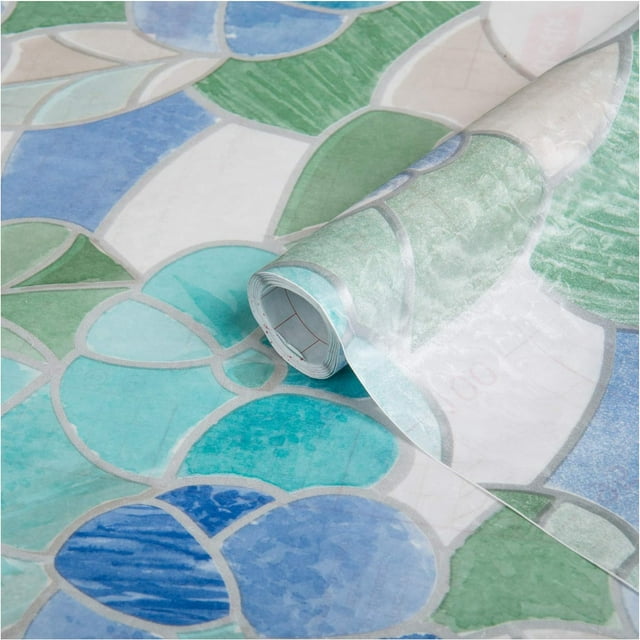 Brewster Blue and Green Stained Glass Peel and Stick Window Film
