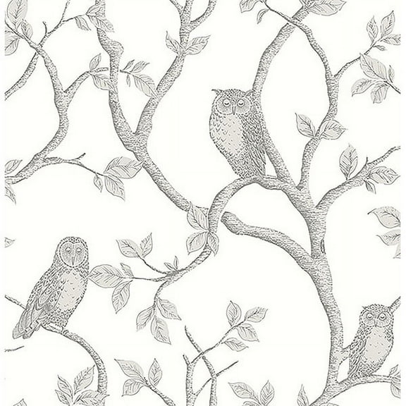 Brewster Enchanted Forest Grey Owl and Tree Unpasted Non Woven Wallpaper, 20.5-in by 33-ft, 56.4 sq. ft.