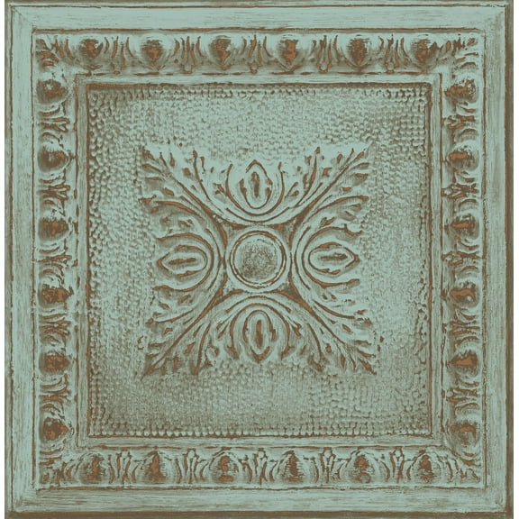 Brewster Hazley Turquoise Ornament Tin Tile Unpasted Non Woven Wallpaper, 20.5-in by 33-ft, 56.4 sq. ft.