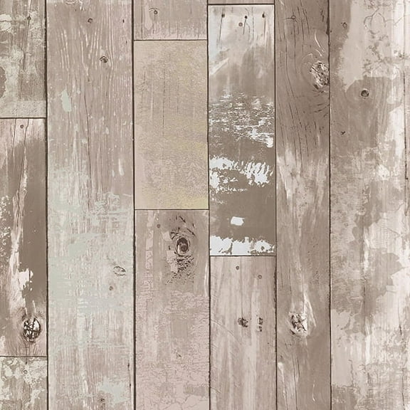 Brewster Heim Taupe Distressed Wood Panel Unpasted Expanded Vinyl Wallpaper, 20.5-in by 33-ft, 56.4 sq. ft.
