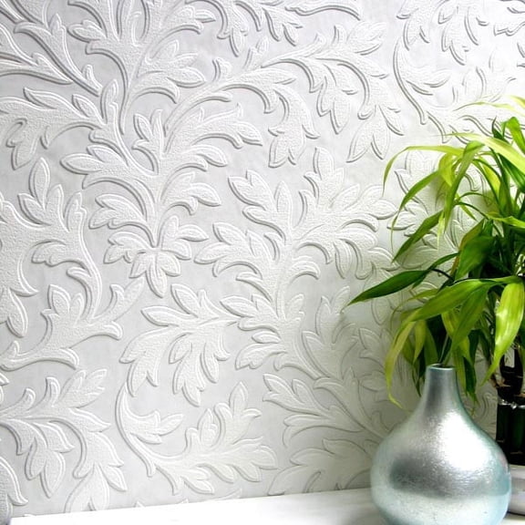 Brewster High Leaf White Paintable Textured Vinyl Unpasted Vinyl Wallpaper, 20.9-in by 33-ft, 57.5 sq. ft.