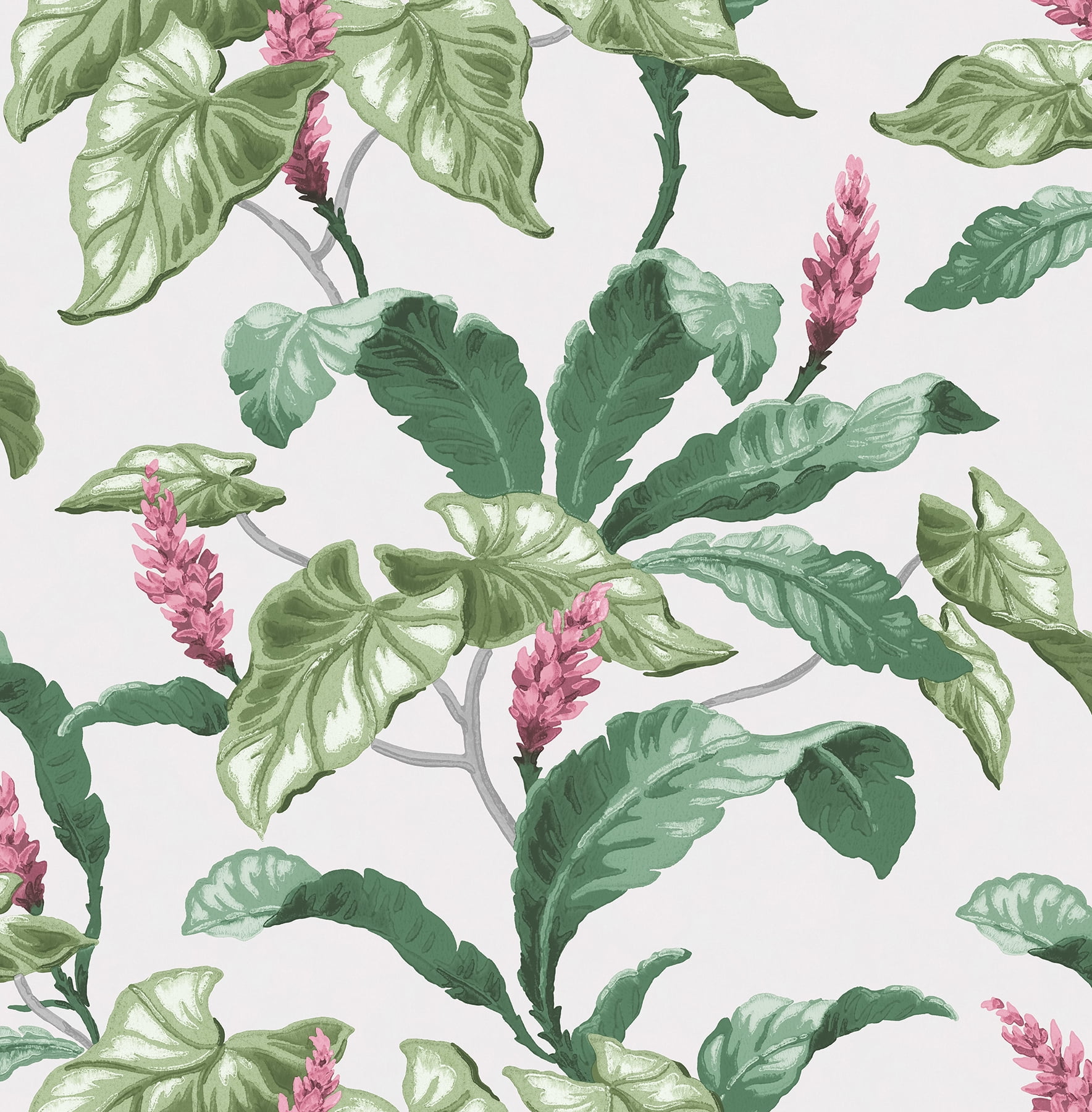 Green and Pink Tropical Leaves Wallpaper with Light Grey Background