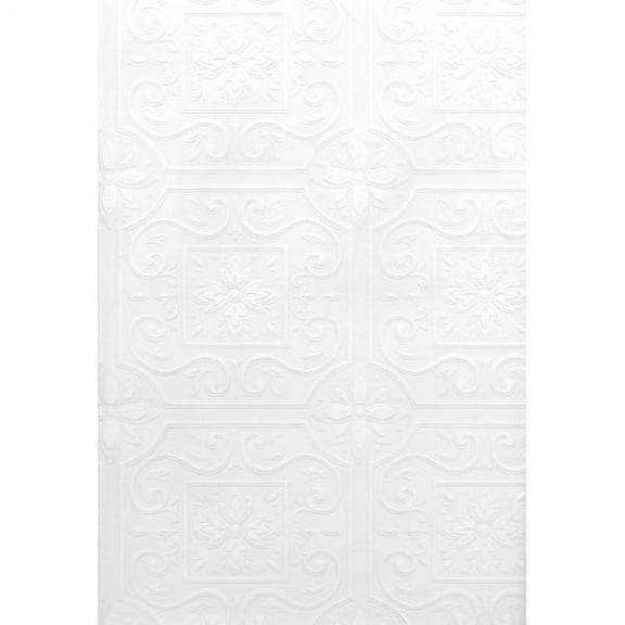 Brewster Talavera White Flower Tile Paintable Prepasted Expanded Vinyl Wallpaper, 20.5-in by 33-ft, 56.4 sq. ft.