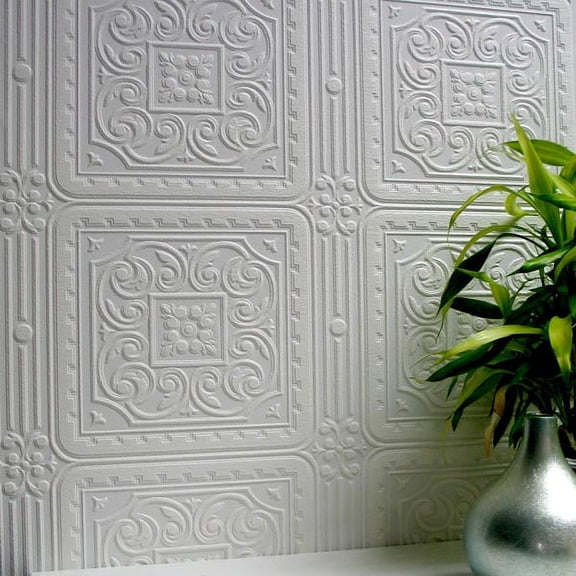 Brewster Turner Tile White Paintable Textured Vinyl Unpasted Vinyl Wallpaper, 20.9-in by 33-ft, 57.5 sq. ft.