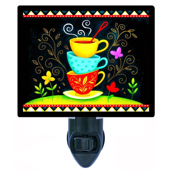Brewtopia Night Light Colorful Stacked Coffee Cups on Black Background, Whimsical Kitchen Wall Dcor Accent Lighting Includes Free Switchable Insert