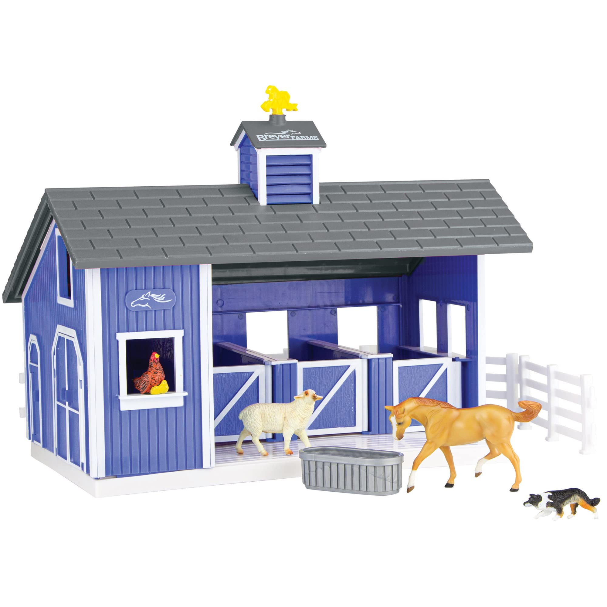 Blue 3-Stall Barn Playset with Farm Animals