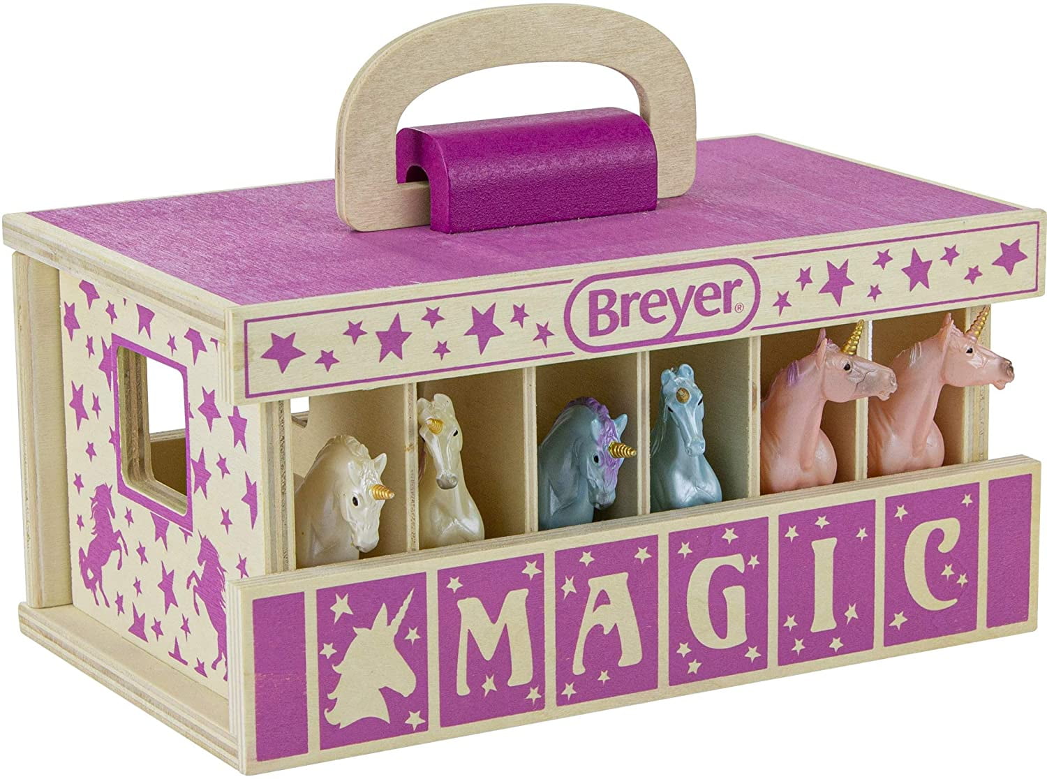 Breyer Horses Unicorn Magic Wooden Stable Playset with 6 Unicorns | 6 Piece Playset | 6 Stablemates Unicorns Included | 6 H x 9 L x 2.5 D | 1:32 Scale