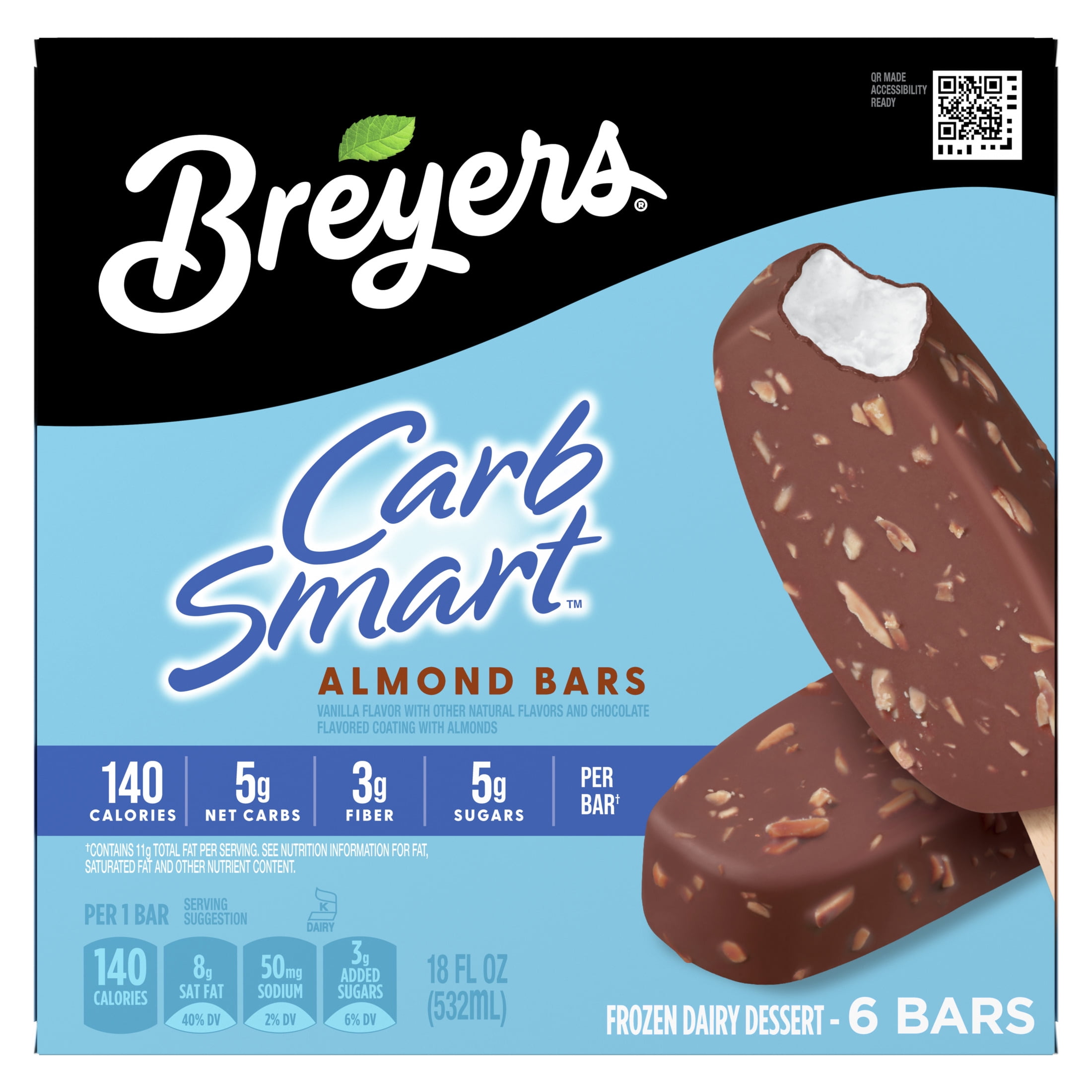 Breyers CarbSmart Creamy Almond Vanilla Ice Cream Bars Frozen Desserts, 6 Count
