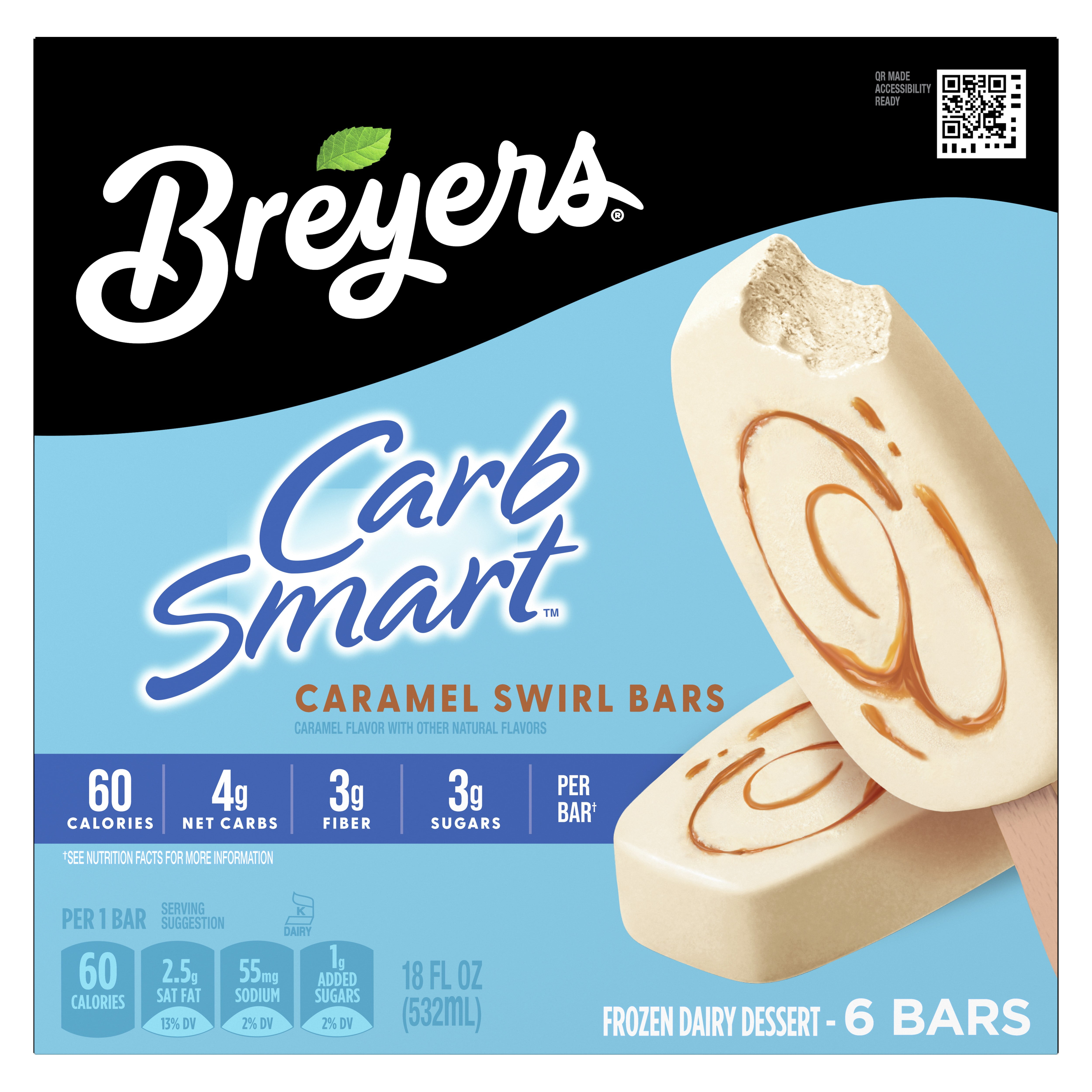 Breyers CarbSmart Creamy Caramel Swirl Ice Cream Bars Frozen Desserts, 6 Count