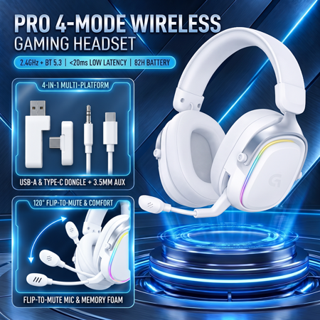 Breynko Wireless Gaming Headset for PS5/PS4/PC/Switch,Bluetooth 5.3 Headphones with Flip-to-Mute Mic,RGB Light,White(3.5mm Wired for Xbox)