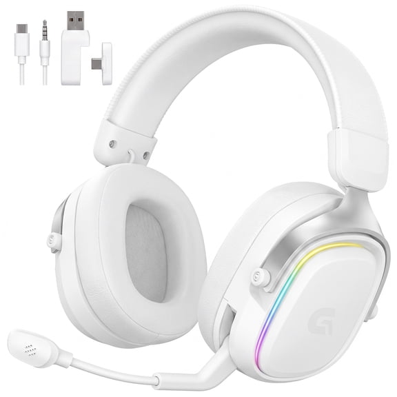 Breynko Wireless Gaming Headset,2.4GHz for PS5/PS4/PC/Switch,3.5mm Wired for Xbox,Bluetooth 5.3 Headphones with Flip-to-Mute Mic,7.1 Surround, RGB Light, Steel Frame,White