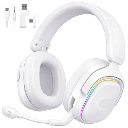 Breynko Wireless Gaming Headset,2.4GHz for PS5/PS4/PC/Switch,3.5mm Wired for Xbox,Bluetooth 5.3 Headphones with Flip-to-Mute Mic,7.1 Surround, RGB Light,White