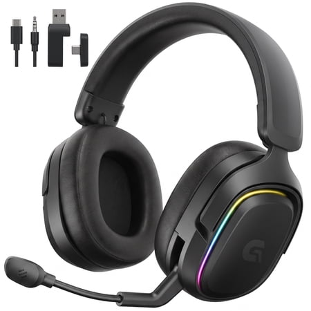 Breynko Wireless Gaming Headset,2.4GHz for PS5/PS4/PC/Switch,3.5mm Wired for Xbox,Bluetooth 5.3 Headphones with Flip-to-Mute Mic,7.1 Surround, RGB Light,Black
