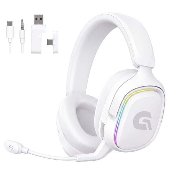Breynko Wireless Gaming Headset, 2.4GHz USB Gaming Headphones with Bluetooth, Flip-to-Mute Mic, RGB Light, 3.5mm Wired for Xbox, Compatible with PC, PS5, PS4, Switch, Mobile,White