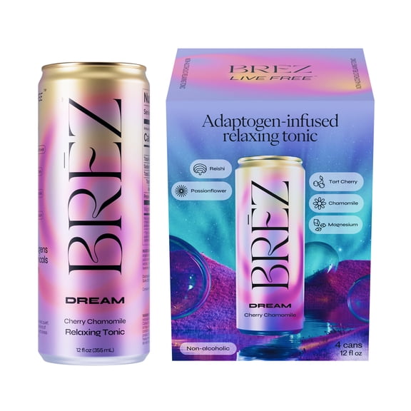 Brez DREAM Relaxing Drink with Reishi, Magnesium, L-Theanine, Passionflower - Adaptogens Functional Mushrooms and Calming Botanicals to Unwind and Rest - Vegan, Cherry Chamomile, 12 fl oz, 4 Pack