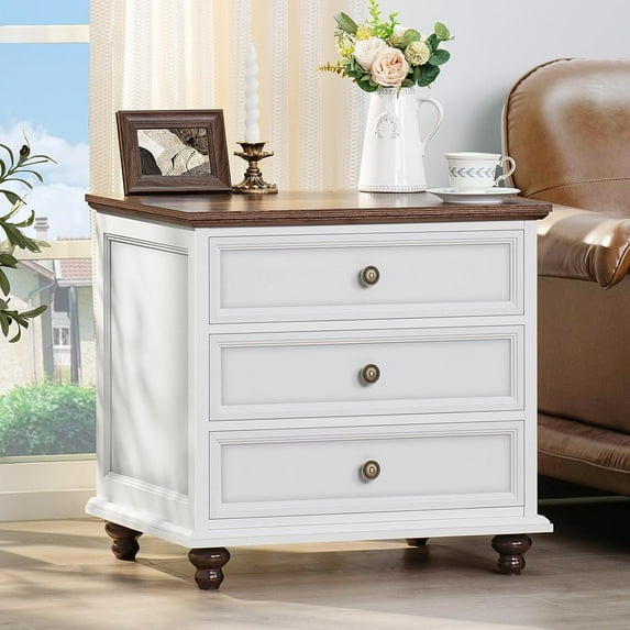 Brezey 24" Wide Farmhouse Night Stand,Large End Table with 3 Drawers & Metal Handle,Wood Dresser for Bedroom, White Bed Side Table Chest of Drawers Cabinet,Nightstand for Living Room,Closet