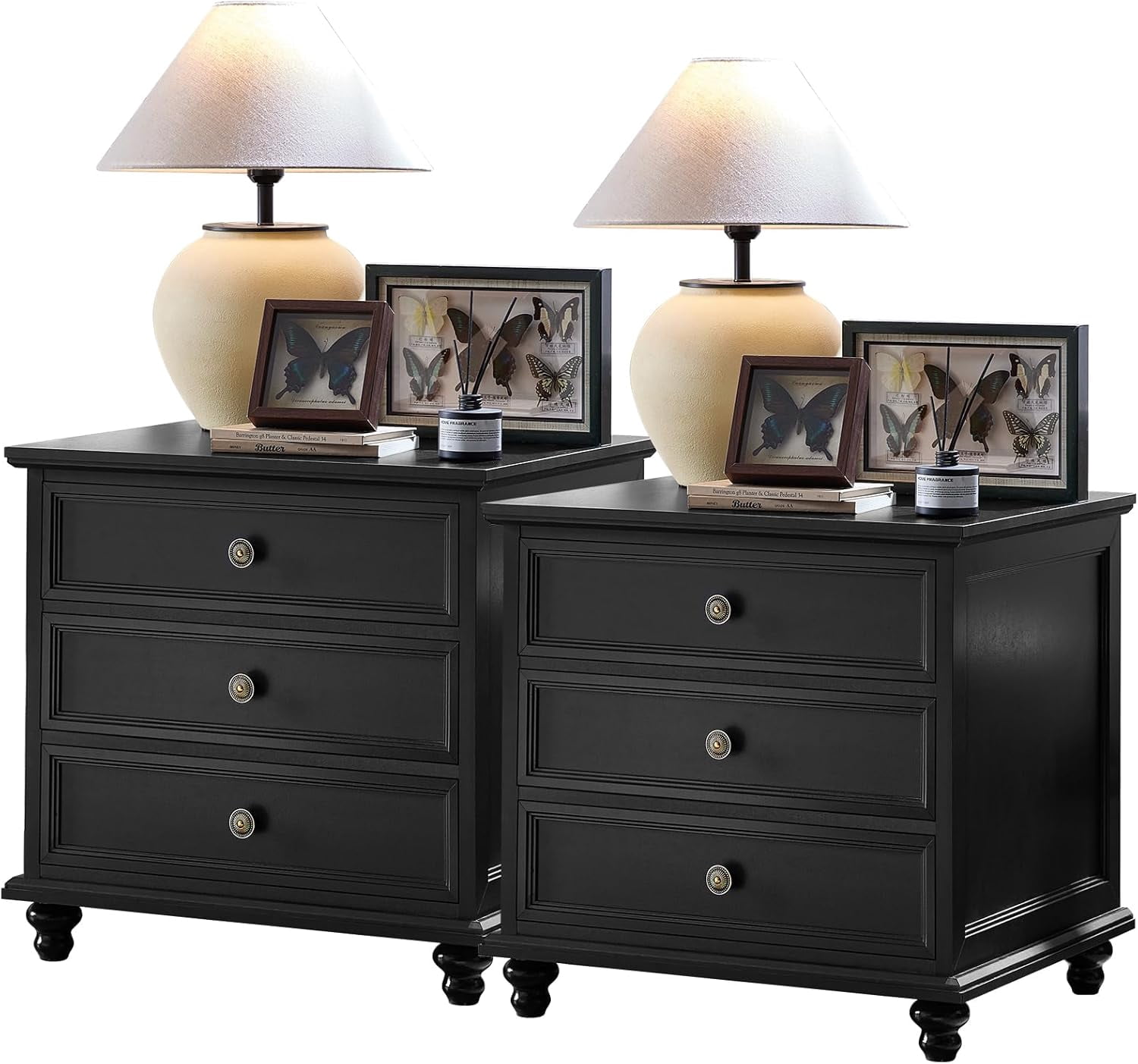 Set of 2 End Side Table with Bin Drawer, Bedroom Nightstand, French Oak Grey/Black