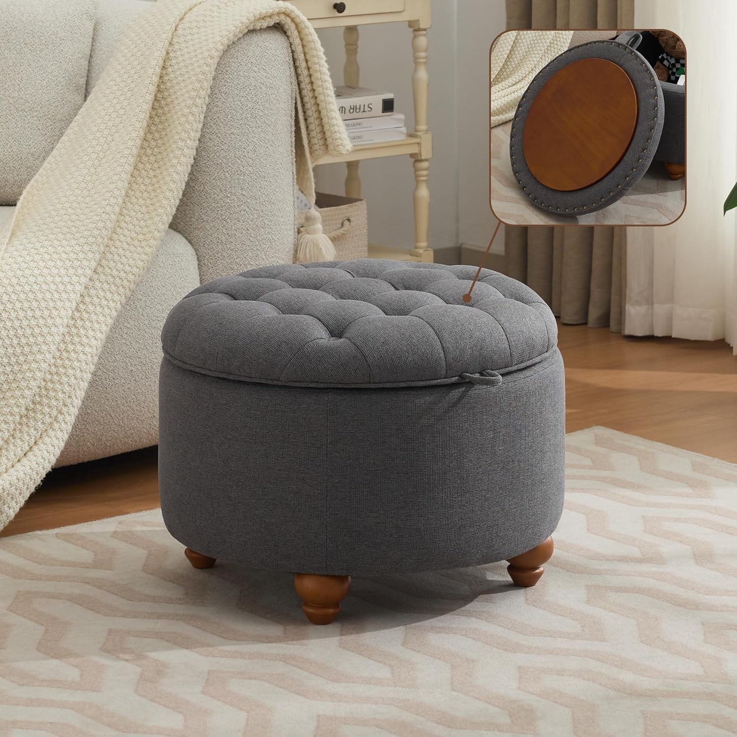 Brezey 24Inch Round Storage Ottoman with Tray, Modern Tufted Fabric ...