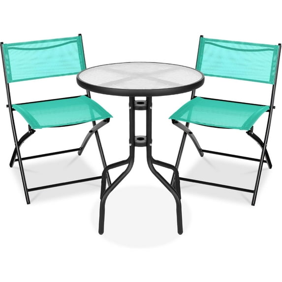 Brezey 3-Piece Patio Bistro Dining Furniture Set w/Textured Glass Tabletop, 2 Steel Folding Chairs, Polyester Fabric,Mint