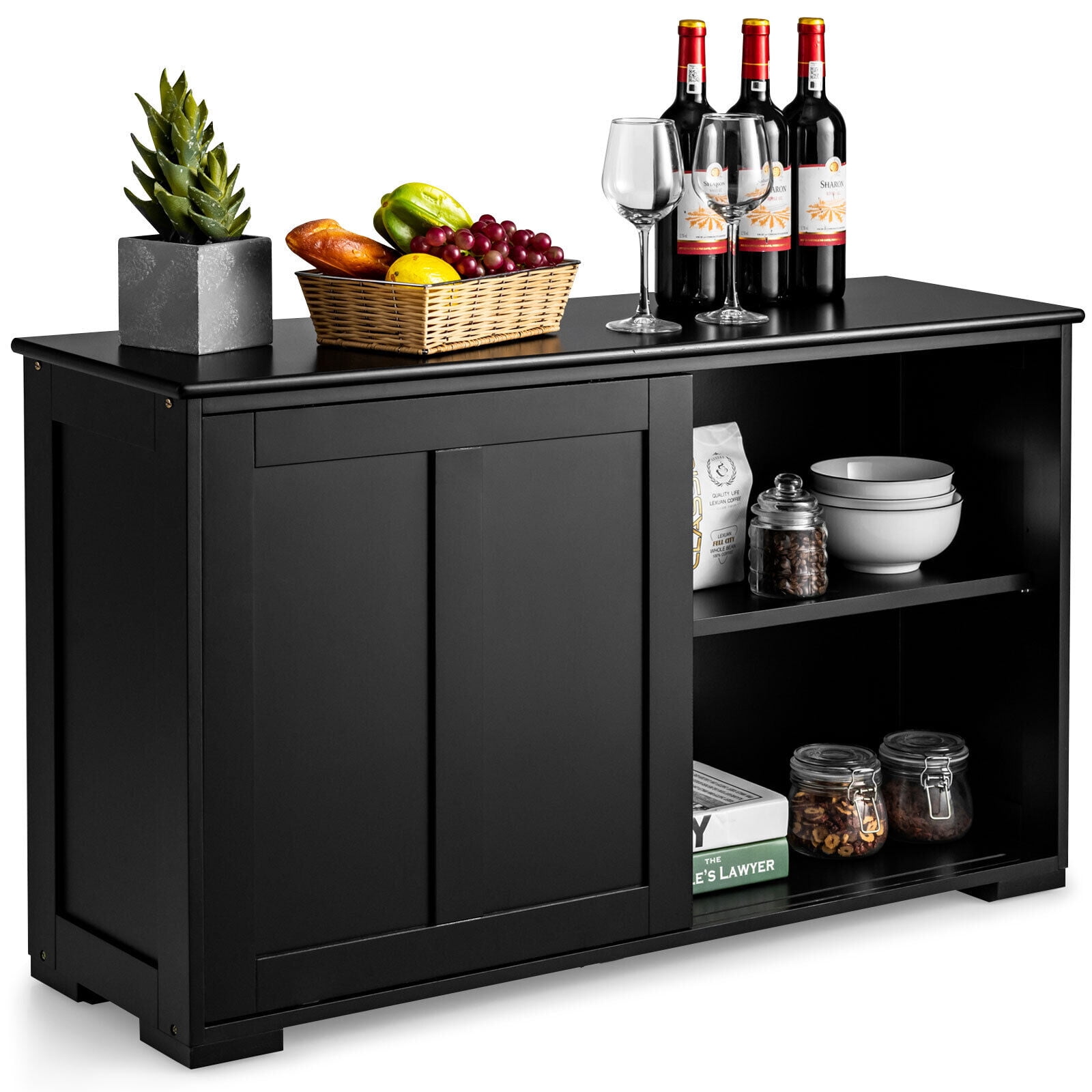 Brezey Modern Black Wood Kitchen Storage Cabinet - Sideboard Buffet ...