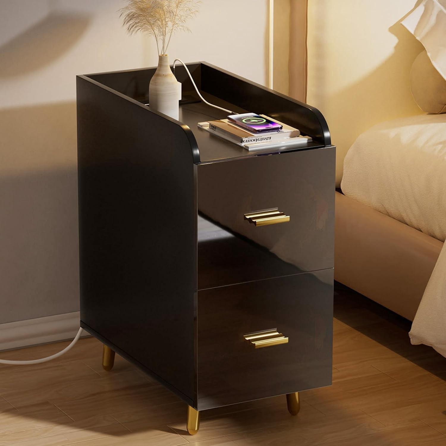 Brezey Nightstand with Charging Station, 2 Deep Drawers & Back Shelf Stylish High-Gloss Panel ...