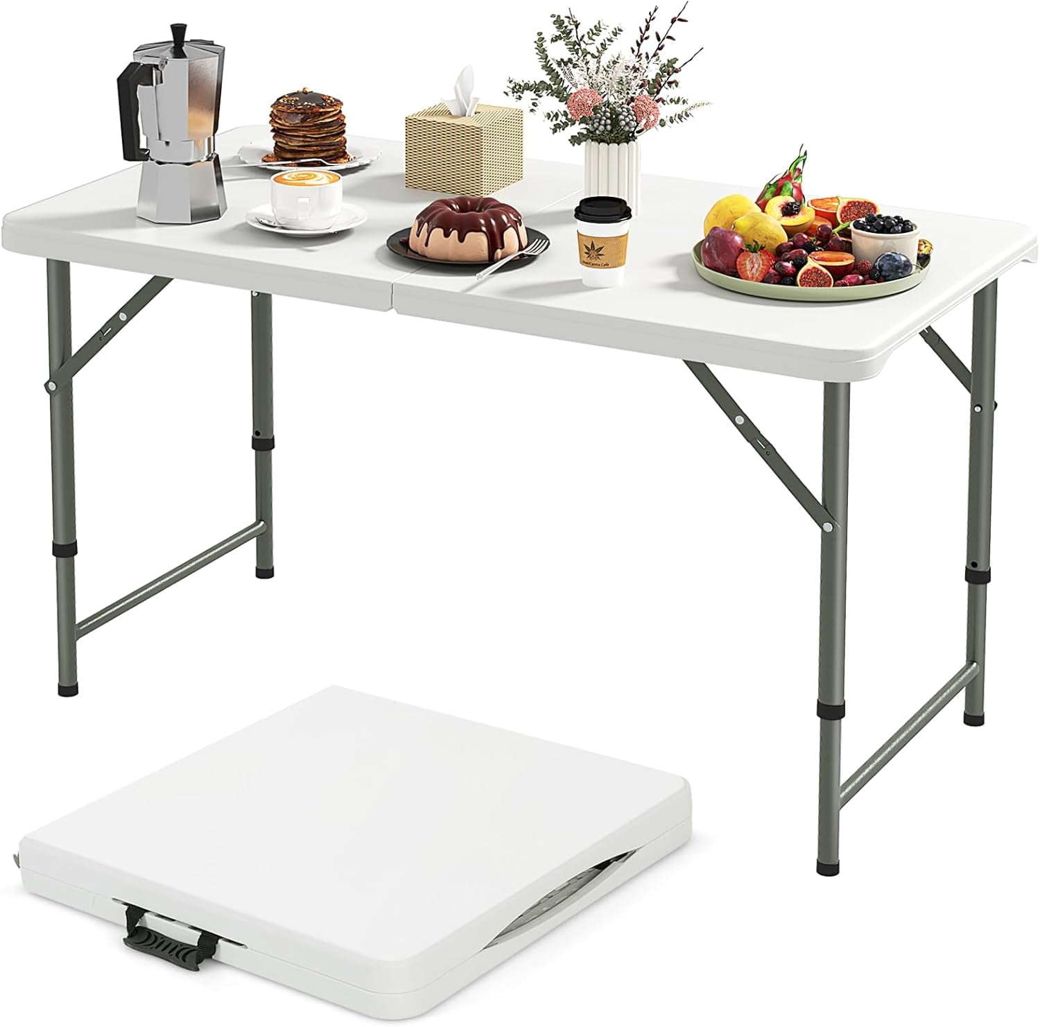 Brezey Portable 4 Foot Plastic Folding Table, 400 LBS Indoor Outdoor Heavy Duty Adjustable Folding Tables with HDPE Tabletop, Carrying Handle, Foldable Utility Card Table for Picnic, Camping, Dining
