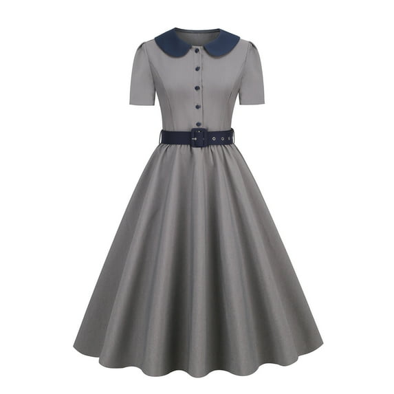 Brglopf 1950's Vintage Swing Dress for Women, Womens Polka Dot Cocktail Dress Short Sleeve Bow Tie Waist Flowy Evening Tea Dress Gray S