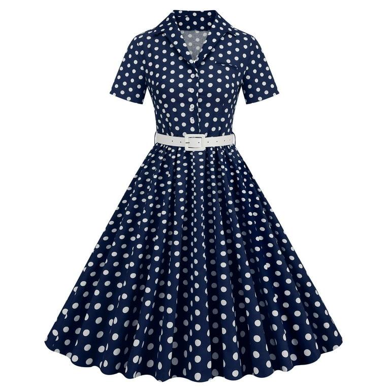 Brglopf 1950s Polka Dot Dresses for Women Vintage Rockabilly Retro Short Sleeve Button up Dress Cocktail Party Evening Prom Gown with Belt Navy XXL