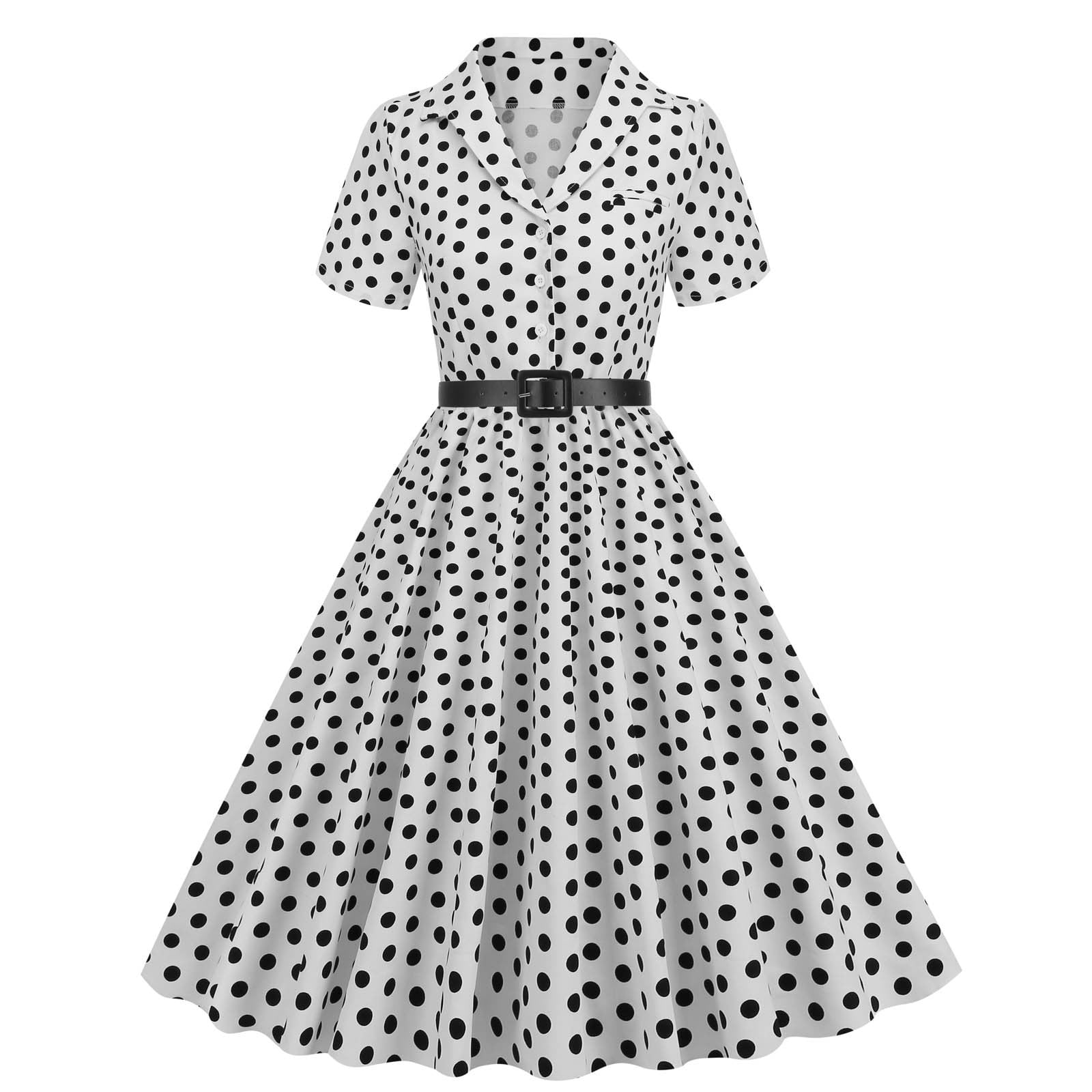 Brglopf 1950s Polka Dot Dresses for Women Vintage Rockabilly Retro Short Sleeve Button up Dress Cocktail Party Evening Prom Gown with Belt White S,