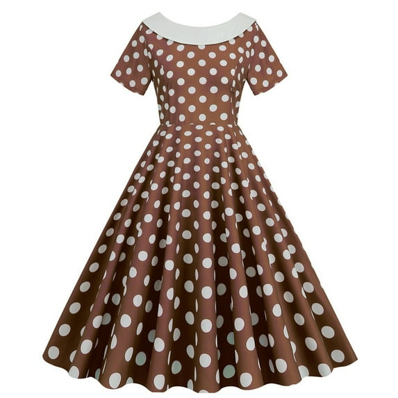 Brglopf 1950s Retro Rockabilly Dress for Women Crew Neck Vintage Elegant Cocktail Party Dress Short Sleeve Polka Dot A-Line Swing Tea Dresses Coffee XL