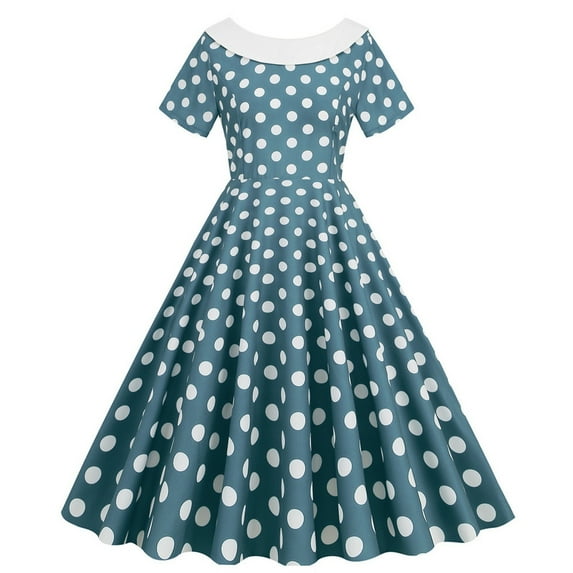 Brglopf 1950s Retro Rockabilly Dress for Women Crew Neck Vintage Elegant Cocktail Party Dress Short Sleeve Polka Dot A-Line Swing Tea Dresses Green S